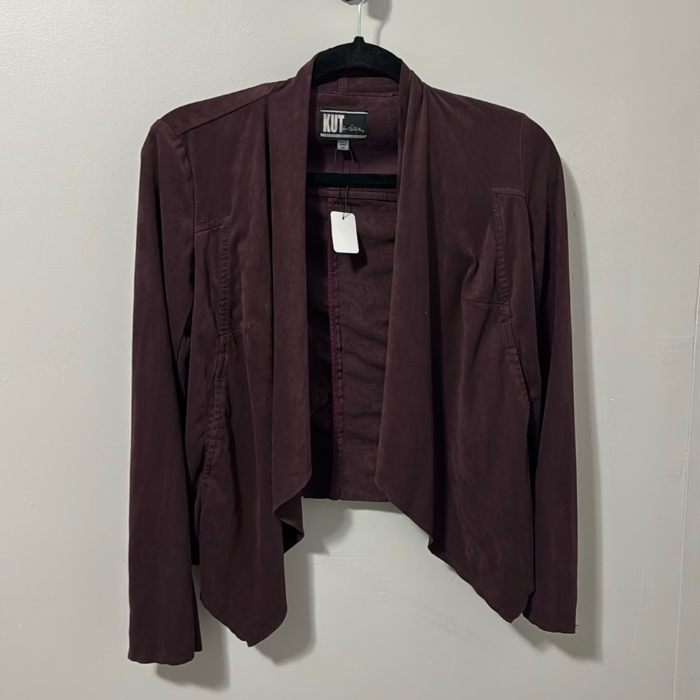 Kut from the Kloth Tayanita Faux Suede Jacket Drape Collar Burgundy Size XS